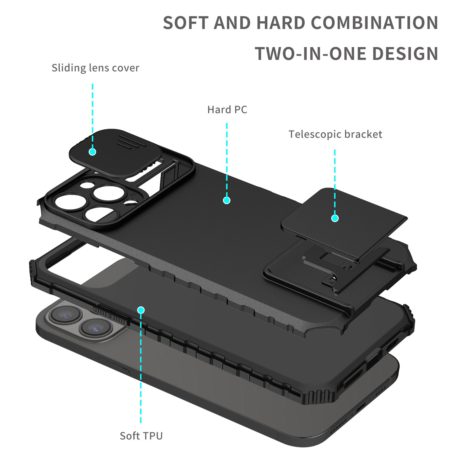 For Apple iPhone 14 Pro (6.1") Hybrid Hard Rubber Case w/ Stand & Camera Cover - Picture 9 of 17