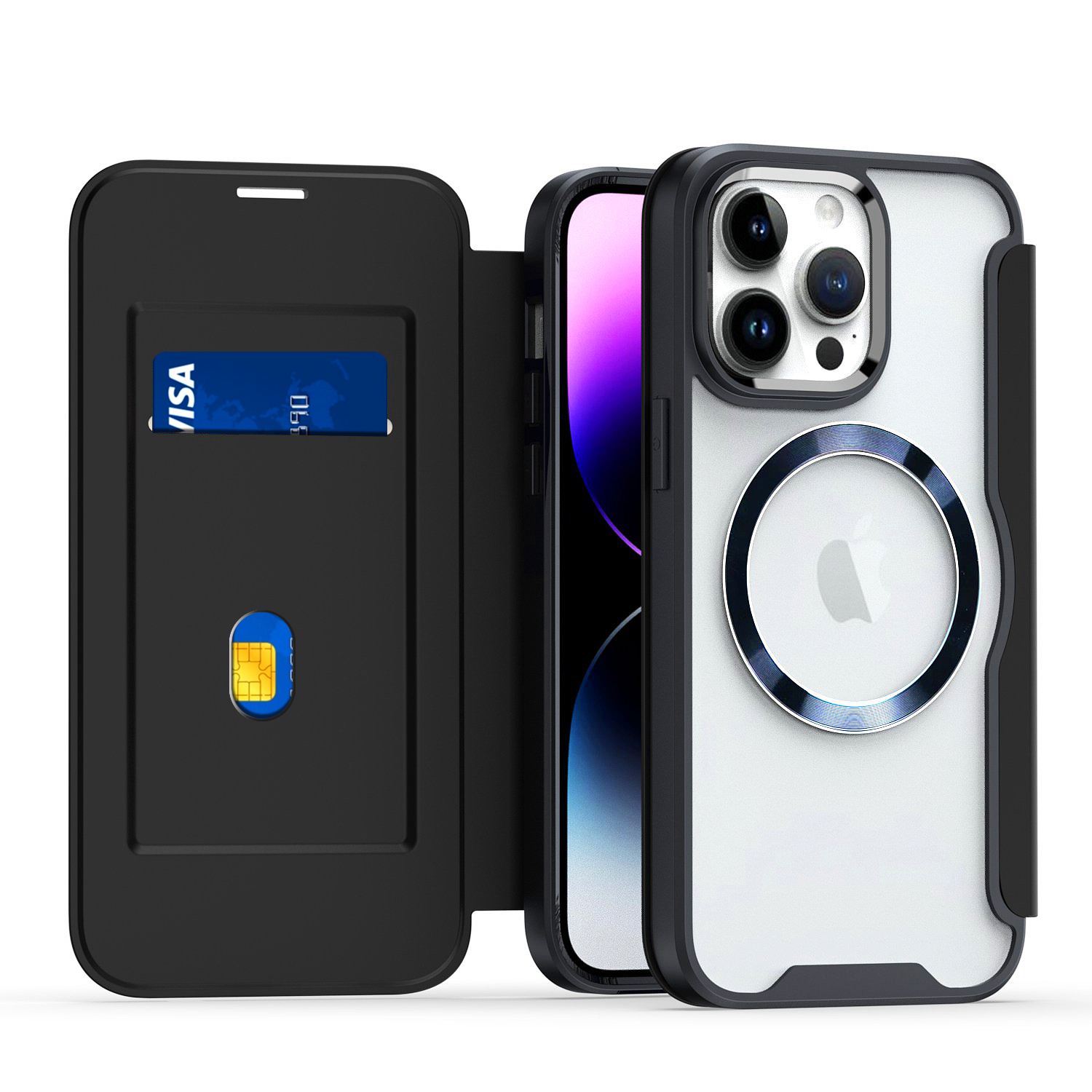 Appleカート For Apple iPhone 15 Flap Wallet Card Slot TPU Back Magnetic Circle
