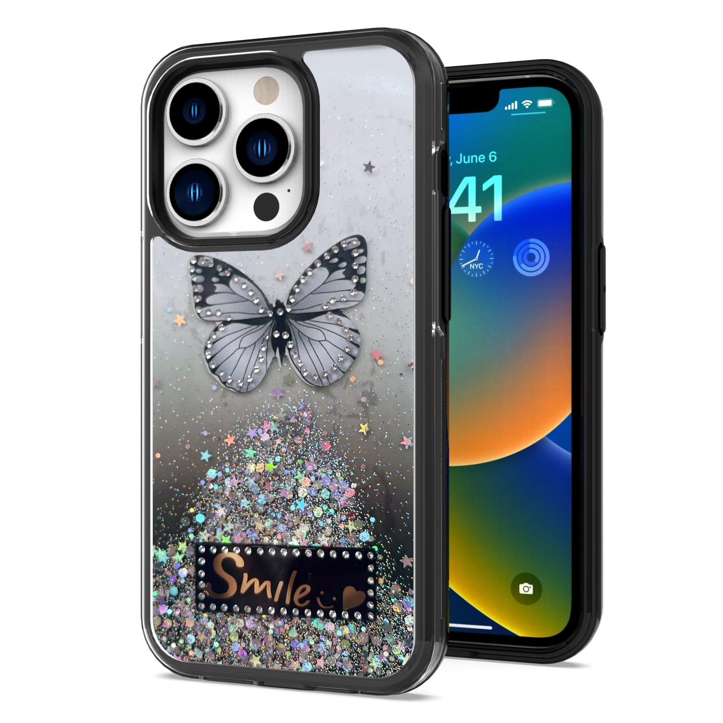 Funda protectora híbrida de poliuretano termoplástico brillante brillante para Apple iPhone 13/Pro Max mariposa sonrisa brillante - Imagen 9 de 38