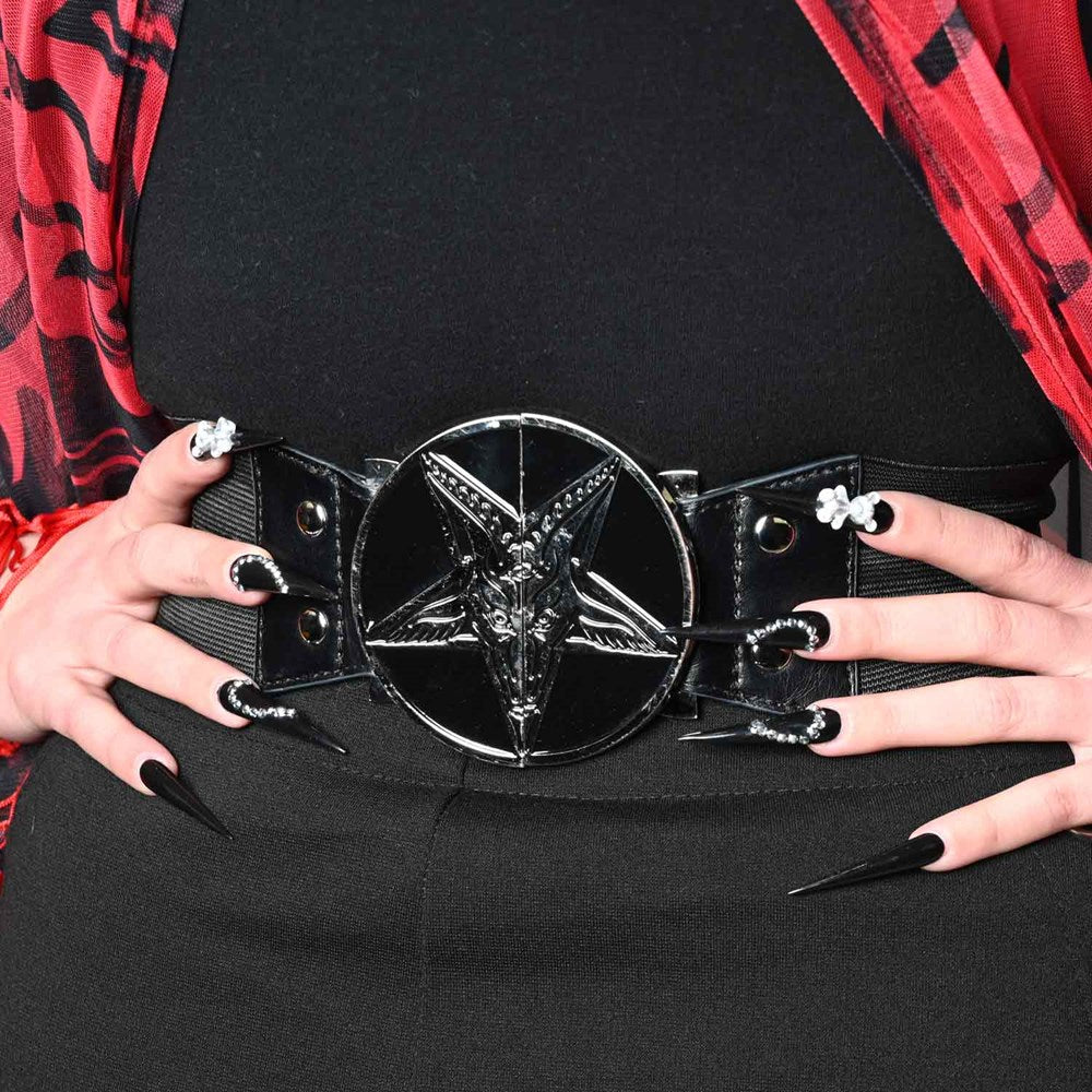 Baphomet Elastic Waist Belt with Pentagram Goat Head Split Buckle Fastening - Picture 9 of 11