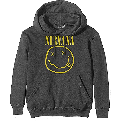 Nirvana Men's Yellow Smiley Hooded Sweatshirt Charcoal - Picture 2 of 2
