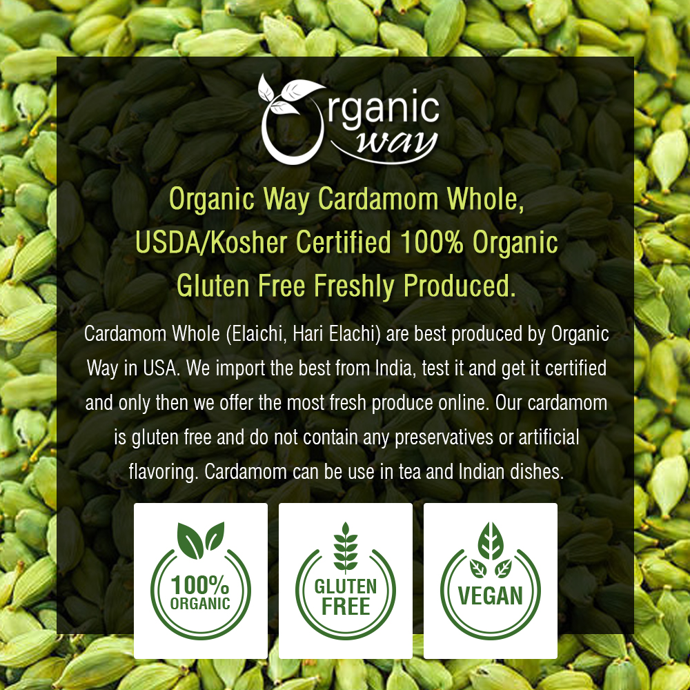 Organic Way Cardamom Whole Pods, Hari Elaichi - Organic, Kosher & USDA Certified - Picture 20 of 20