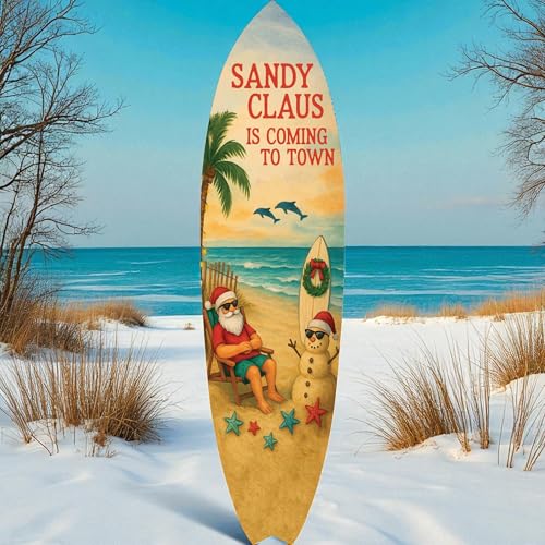 JennyGems Sandy Claus Surfboard Sign Outdoor PVC Christmas Beach Wall Décor