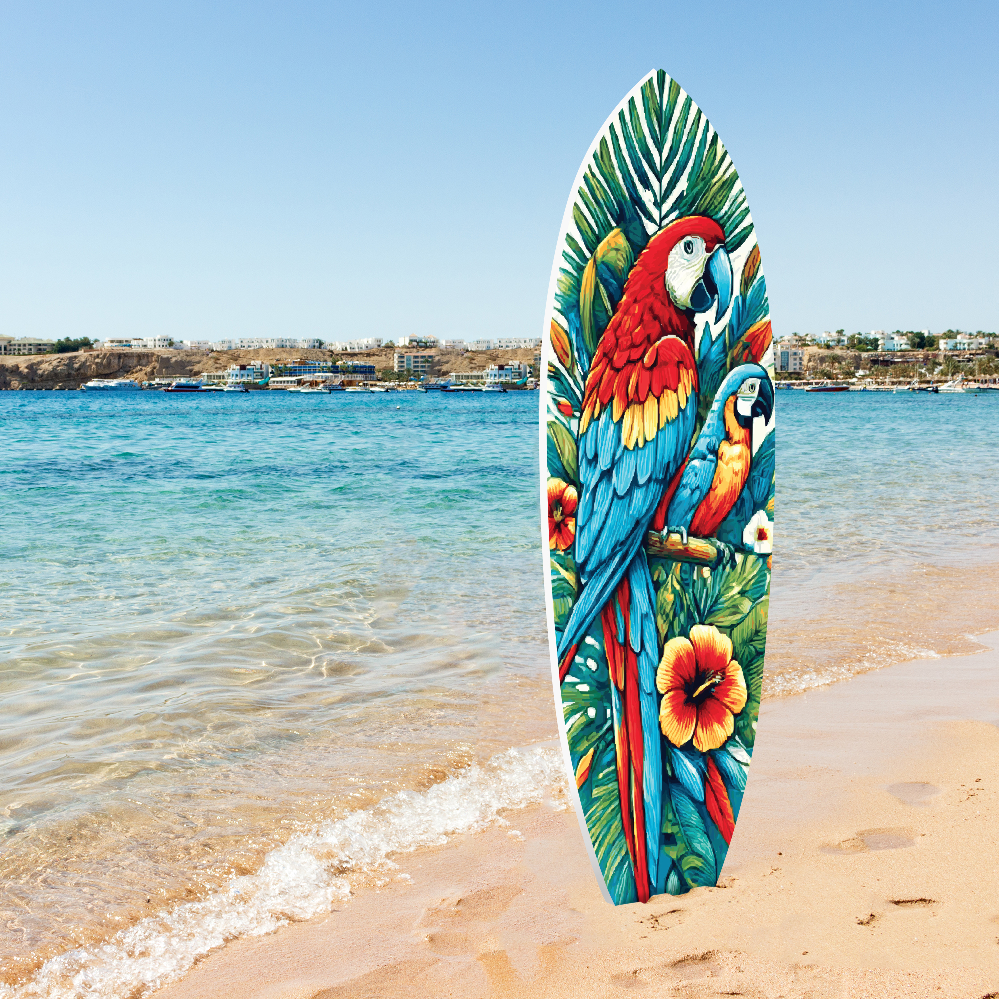 Outdoor Parrot Surfboard Wall Art Tropical Theme, Decorative PVC, 3 - 5 Feet
