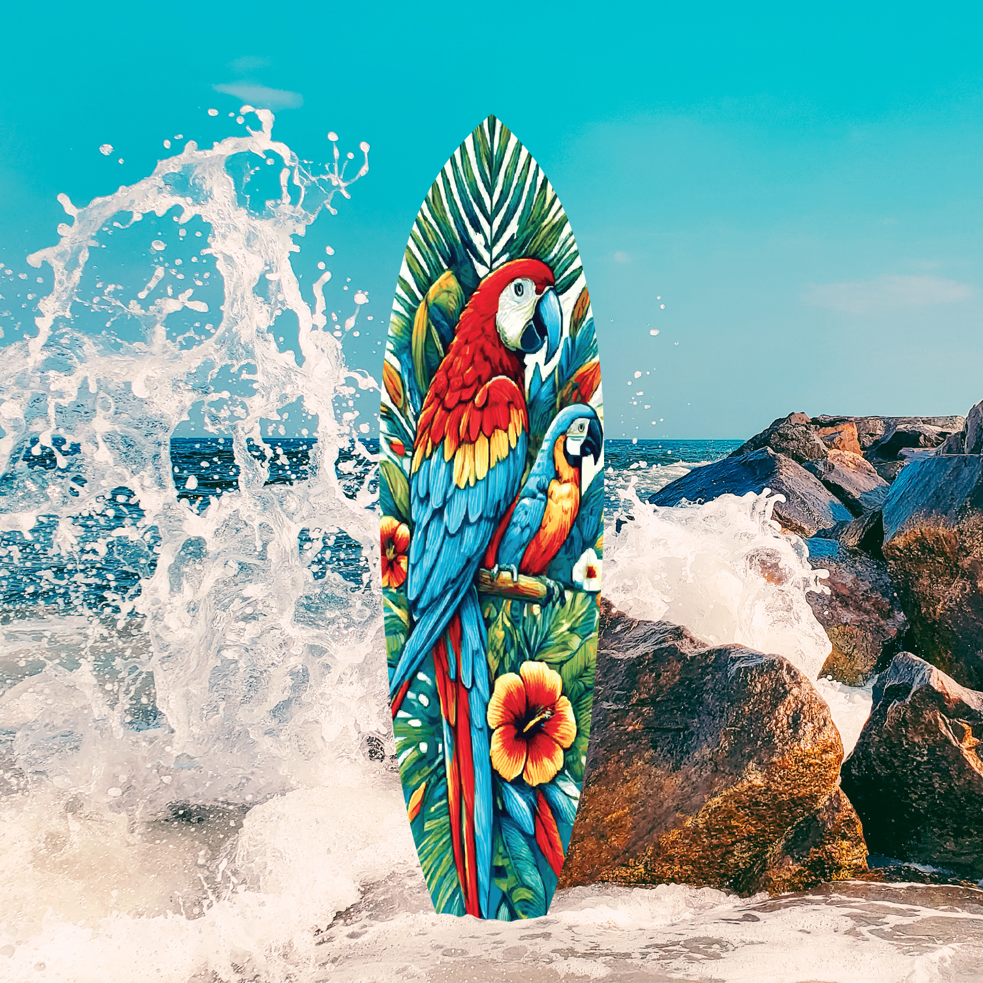 Outdoor Parrot Surfboard Wall Art Tropical Theme, Decorative PVC, 3 - 5 Feet
