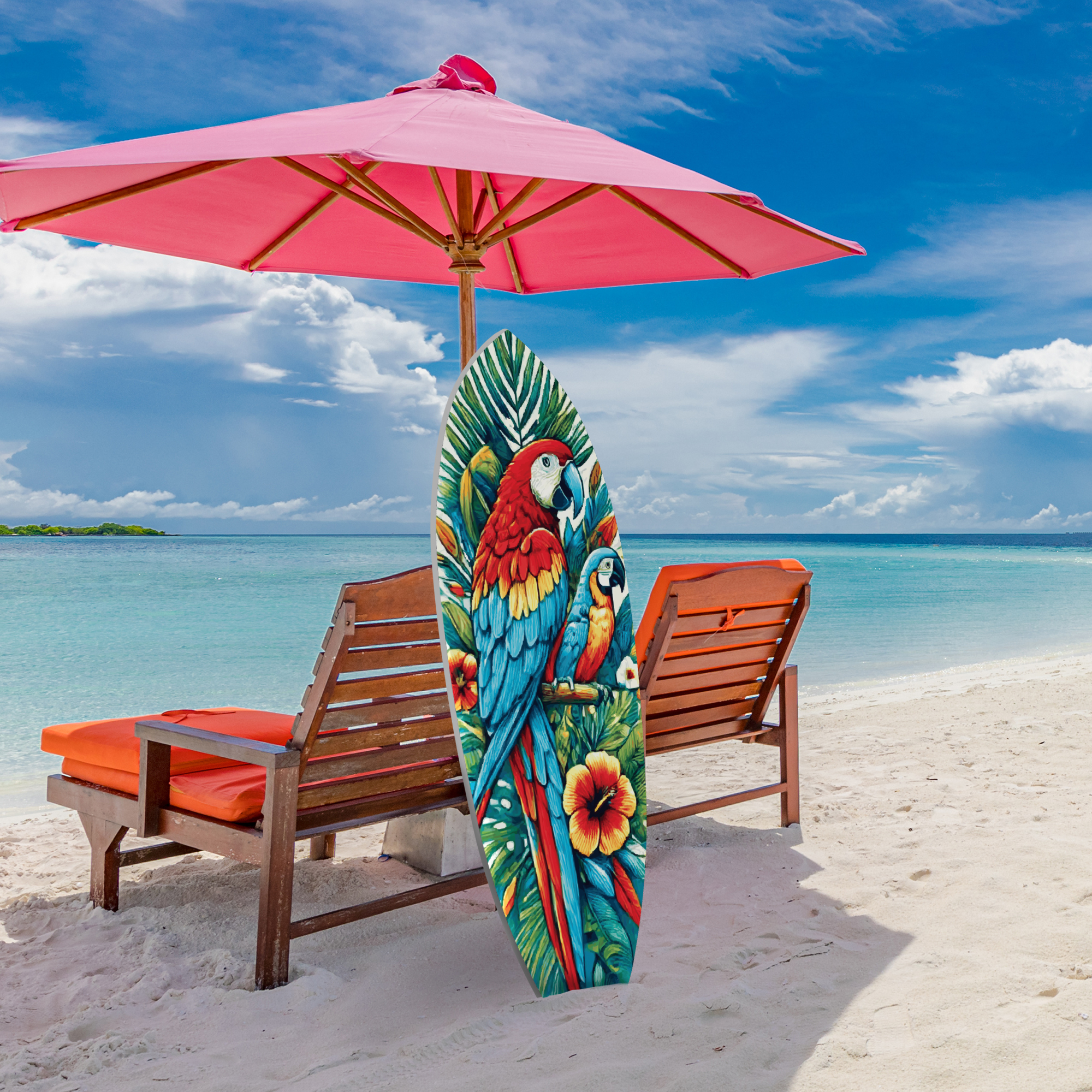 Outdoor Parrot Surfboard Wall Art Tropical Theme, Decorative PVC, 3 - 5 Feet