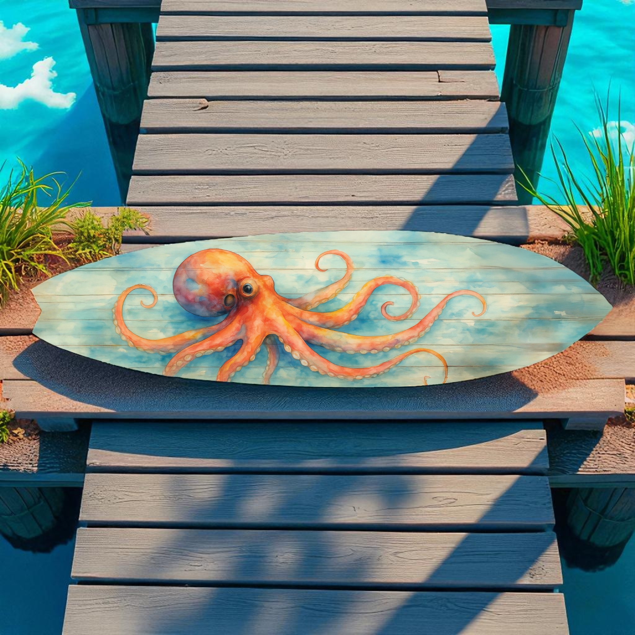 Octopus Surfboard Wall Art – Nautical Decor, PVC, Octopus Decoration, 3 - 5 Feet