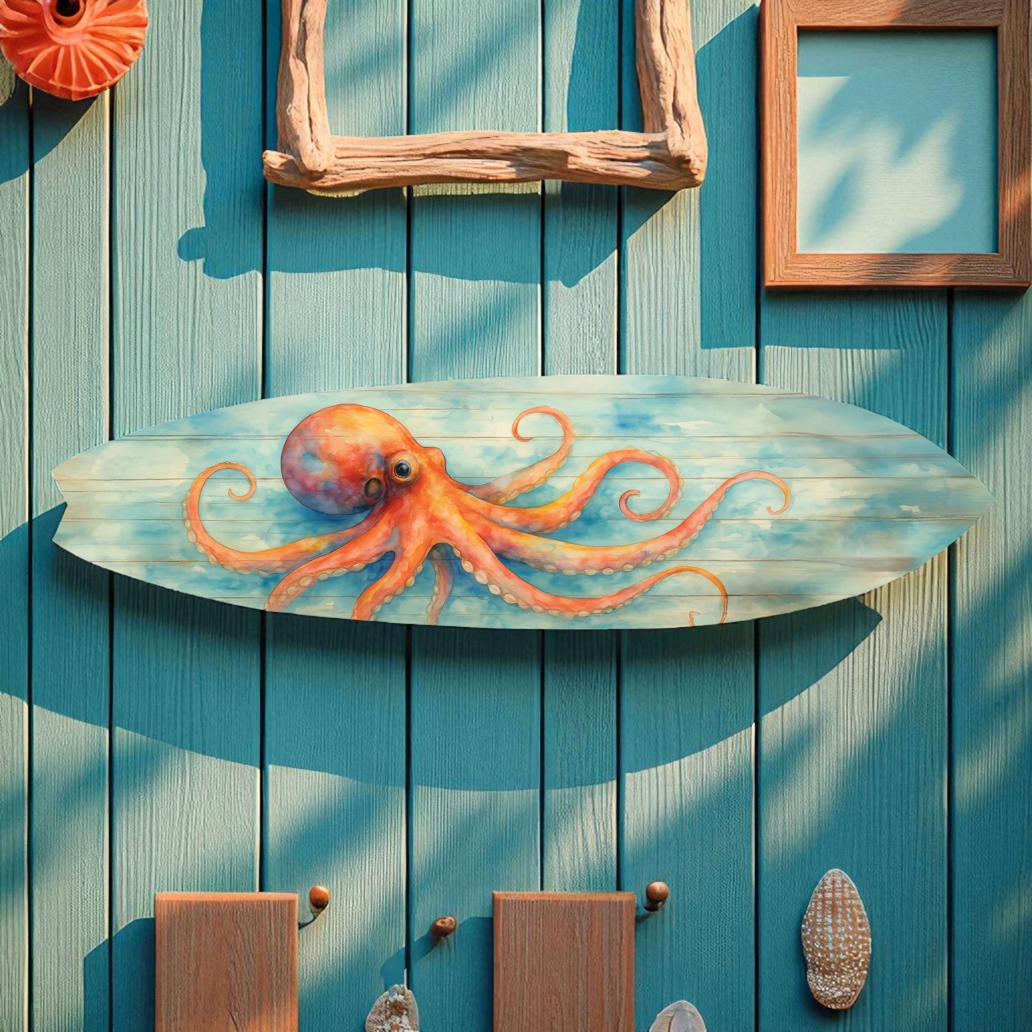 Octopus Surfboard Wall Art – Nautical Decor, PVC, Octopus Decoration, 3 - 5 Feet