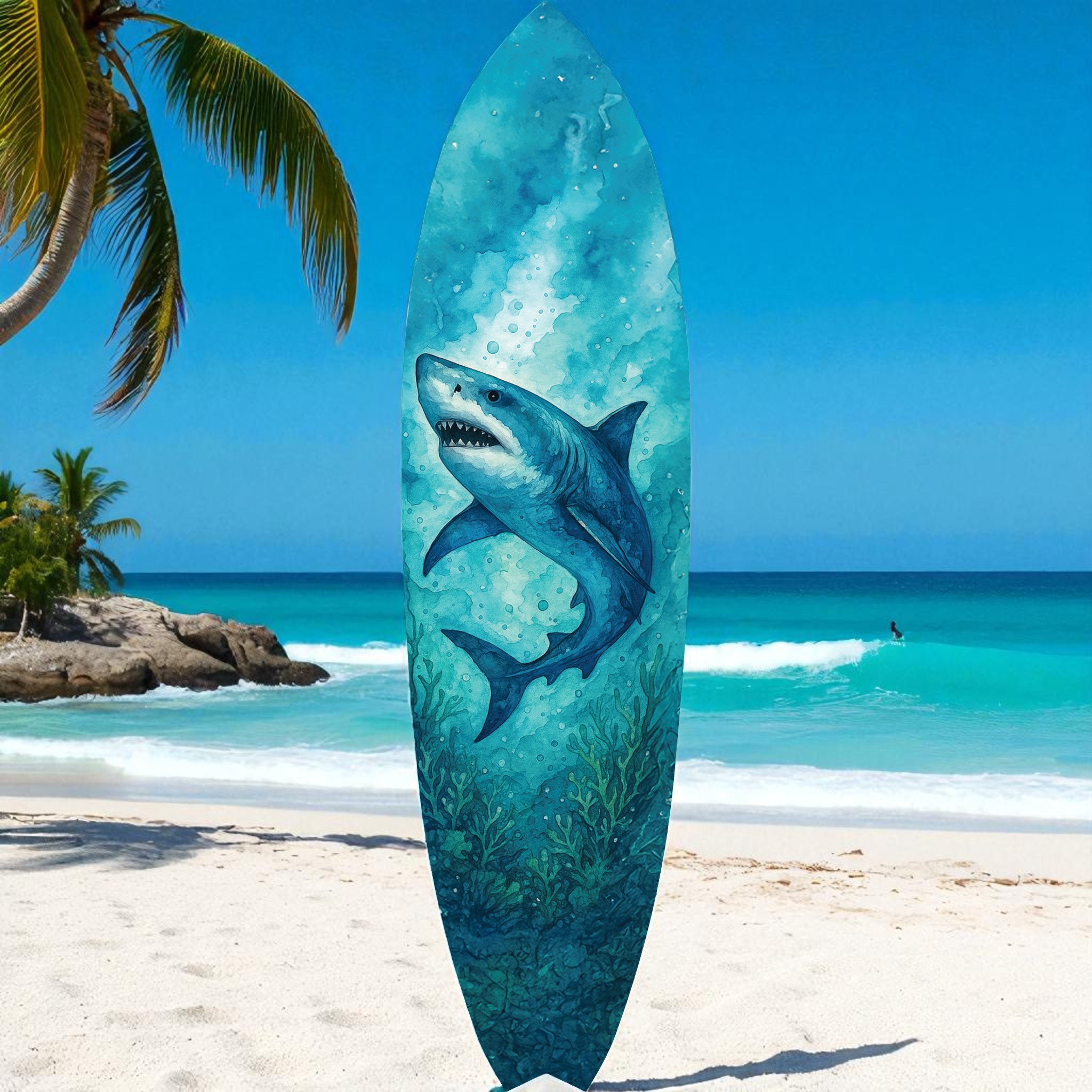 Shark Surfboard Wall Art, PVC, Coastal Shark Beach House Decoration, 3 - 5 Feet