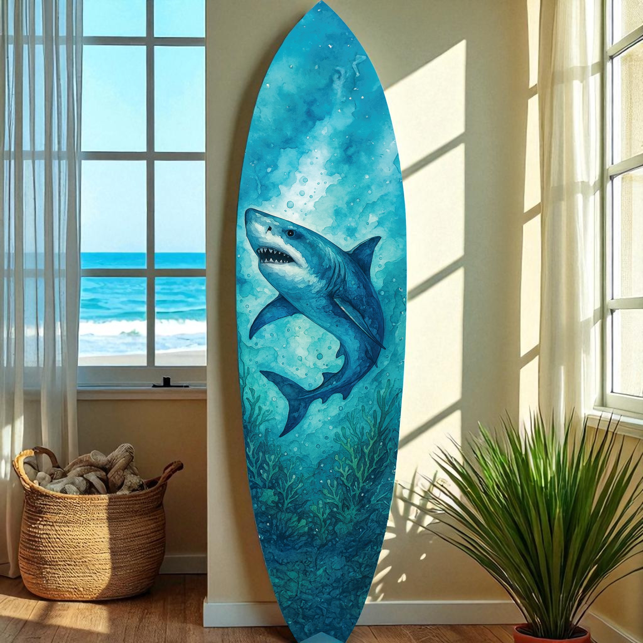 Shark Surfboard Wall Art, PVC, Coastal Shark Beach House Decoration, 3 - 5 Feet