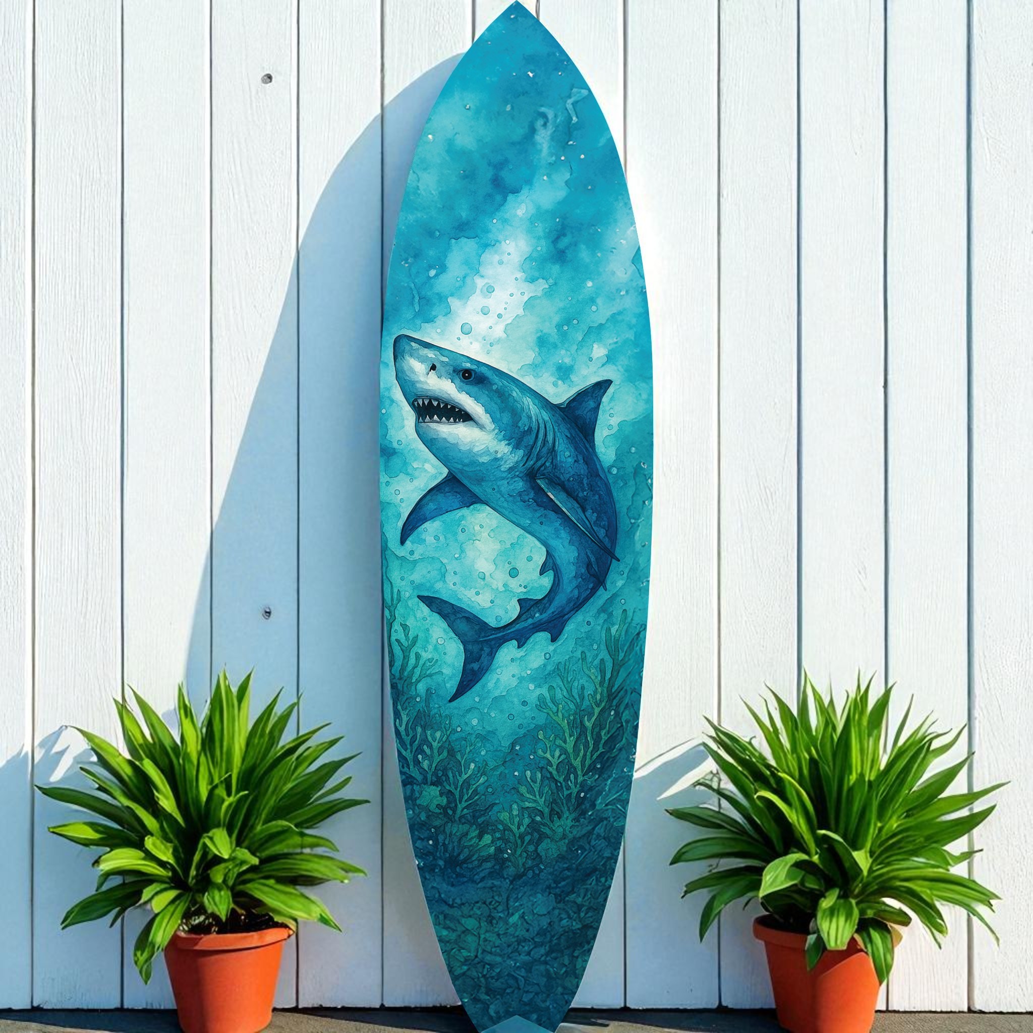 Shark Surfboard Wall Art, PVC, Coastal Shark Beach House Decoration, 3 - 5 Feet