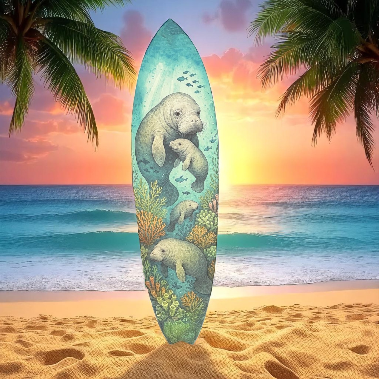 Manatee Surfboard Wall Art, Coastal Beach Decor, Ocean Theme, 3 - 5 Feet