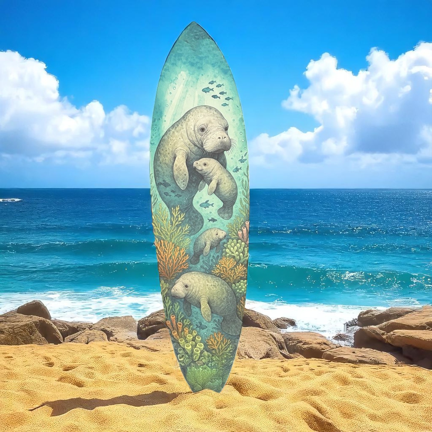 Manatee Surfboard Wall Art, Coastal Beach Decor, Ocean Theme, 3 - 5 Feet