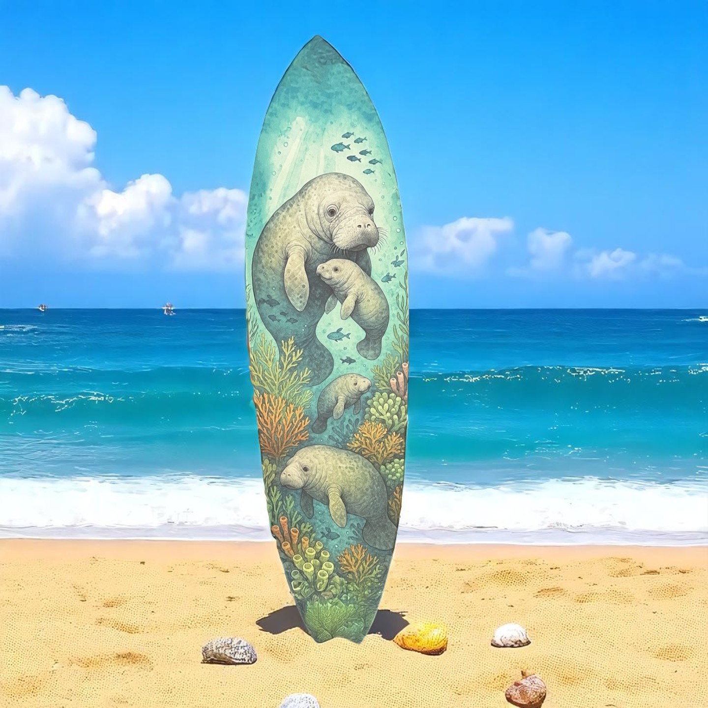 Manatee Surfboard Wall Art, Coastal Beach Decor, Ocean Theme, 3 - 5 Feet