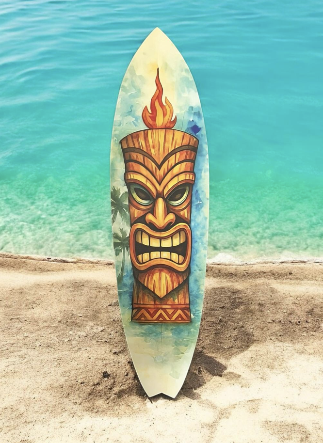 Tiki Surfboard Wall Art – Tropical PVC Decor, Outdoor Tiki Sign, 3 - 5 Feet