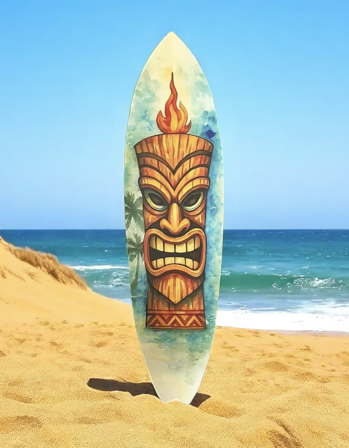 Tiki Surfboard Wall Art – Tropical PVC Decor, Outdoor Tiki Sign, 3 - 5 Feet