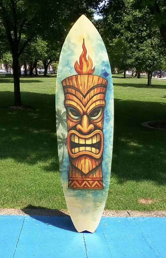 Tiki Surfboard Wall Art – Tropical PVC Decor, Outdoor Tiki Sign, 3 - 5 Feet