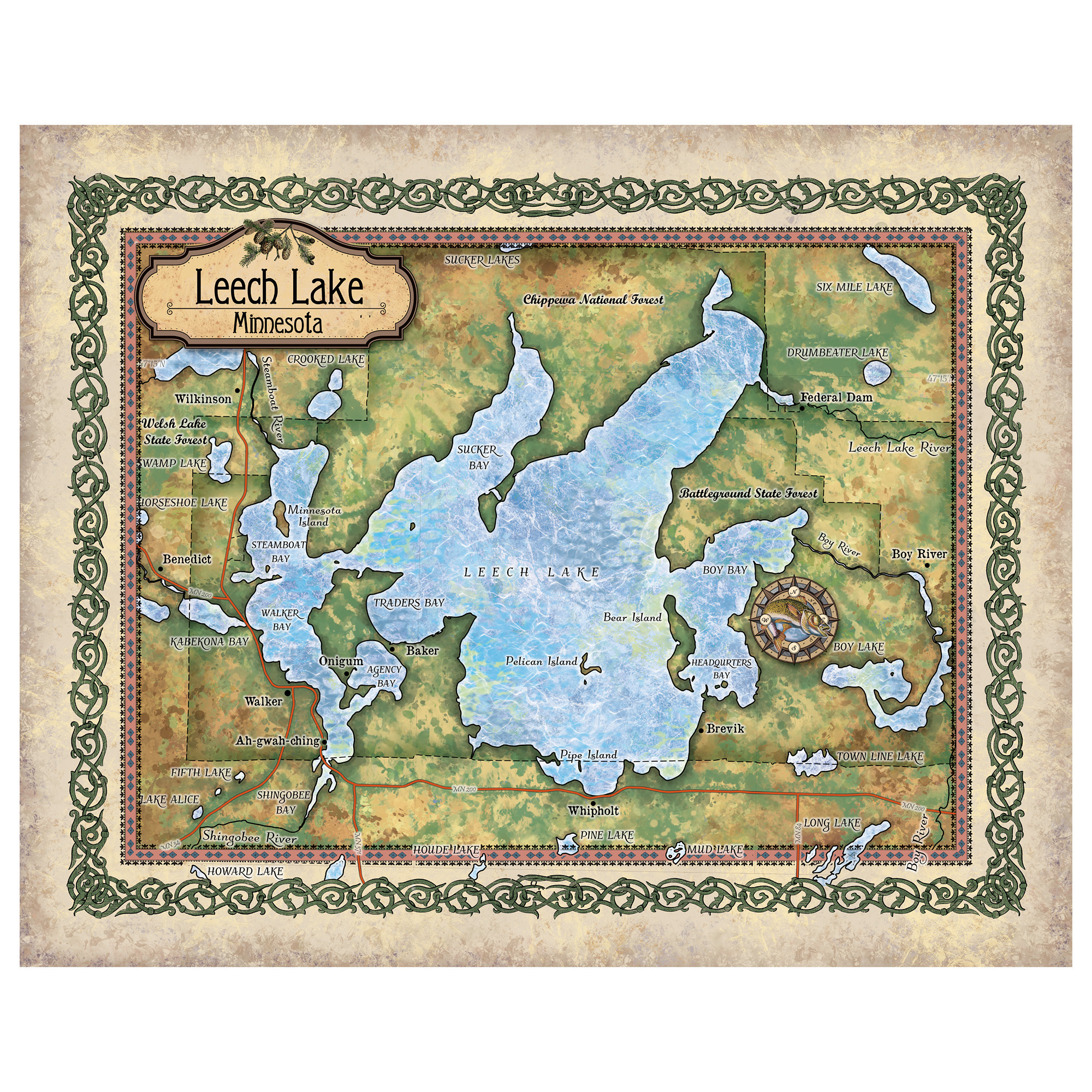Póster con impresión de arte de mapa de Leech Lake Minnesota de colección pared hogar gran decoración y regalo - Imagen 17 de 48