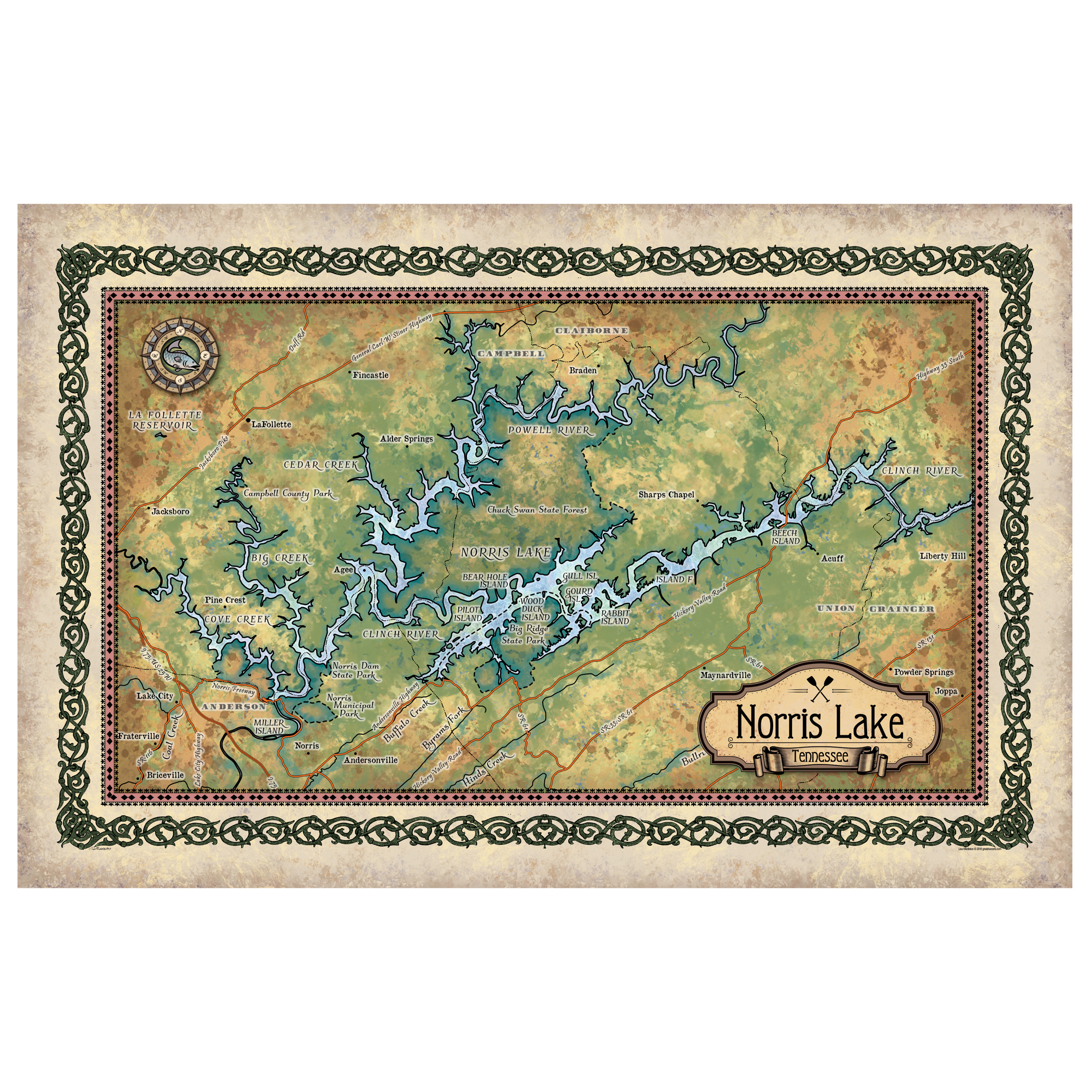 Póster de pared vintage de mapa de Norris Lake Tennessee excelente decoración y regalo para el hogar - Imagen 28 de 63