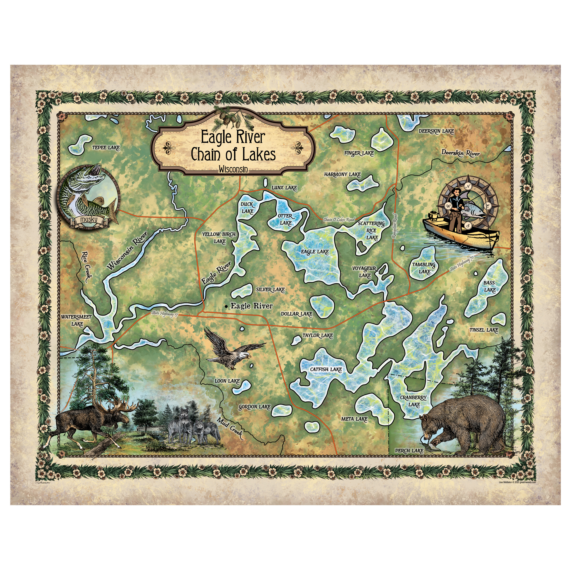 Cartel con impresión artística de mapa Eagle River Chain of Lake Wisconsin pared decoración del hogar y regalo - Imagen 19 de 63