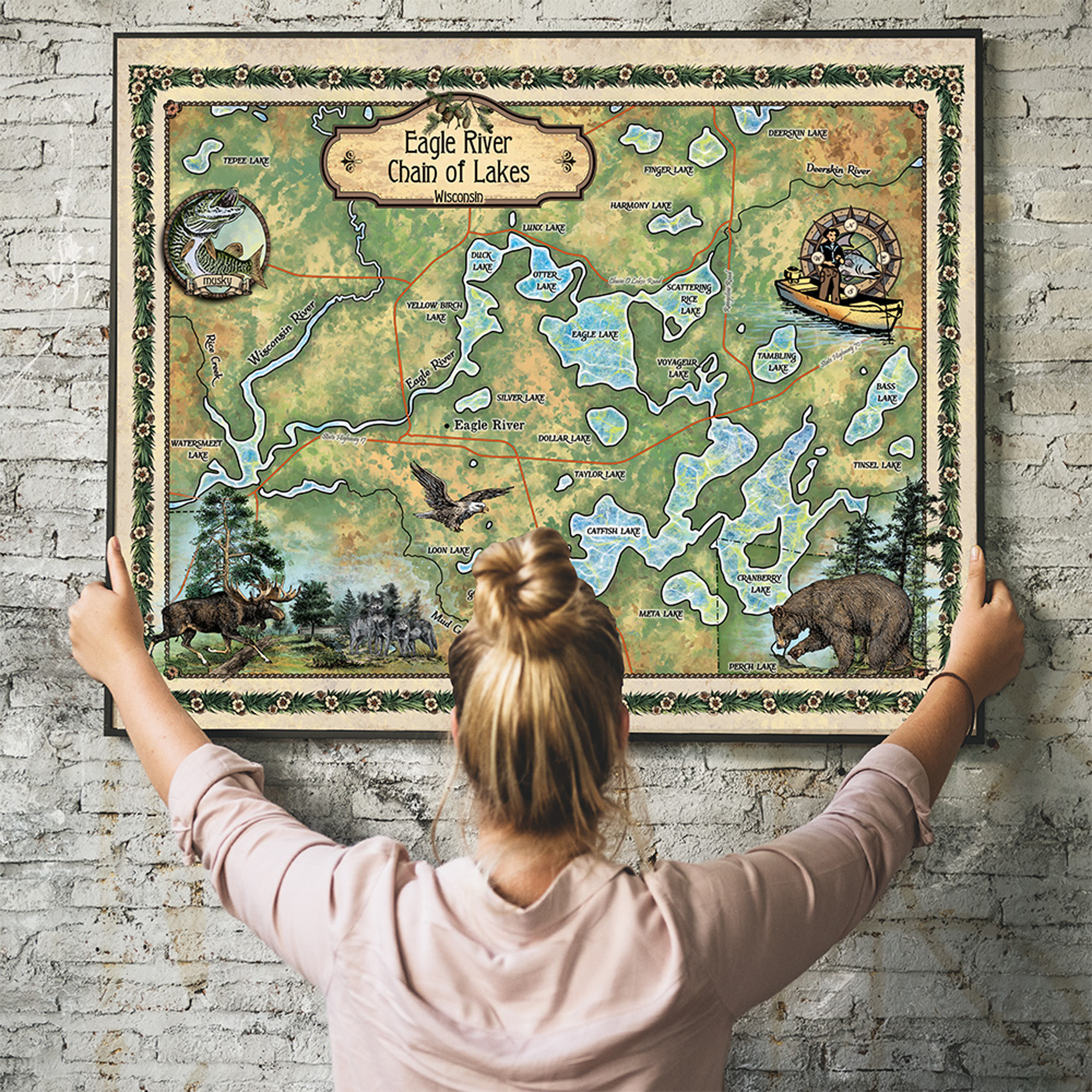 Cartel con impresión artística de mapa Eagle River Chain of Lake Wisconsin pared decoración del hogar y regalo - Imagen 30 de 63