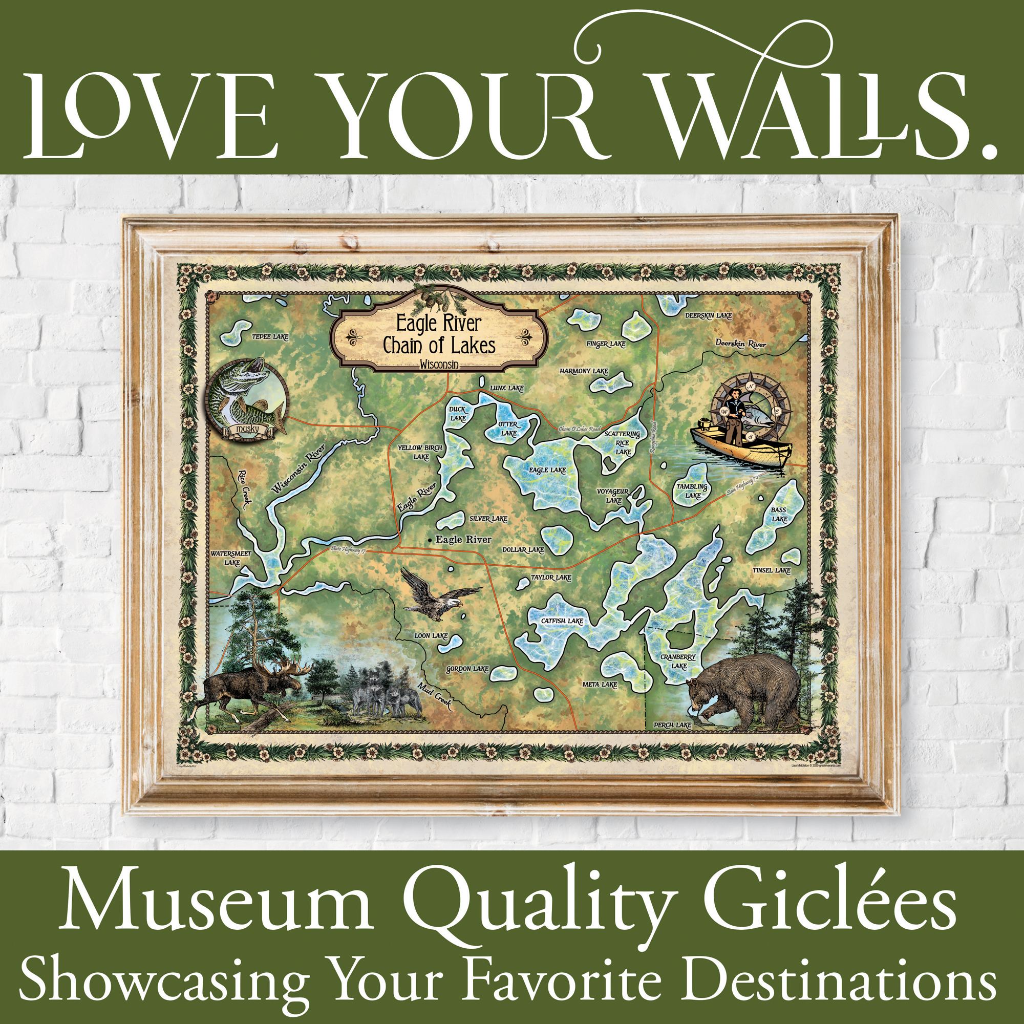 Cartel con impresión artística de mapa Eagle River Chain of Lake Wisconsin pared decoración del hogar y regalo - Imagen 58 de 63