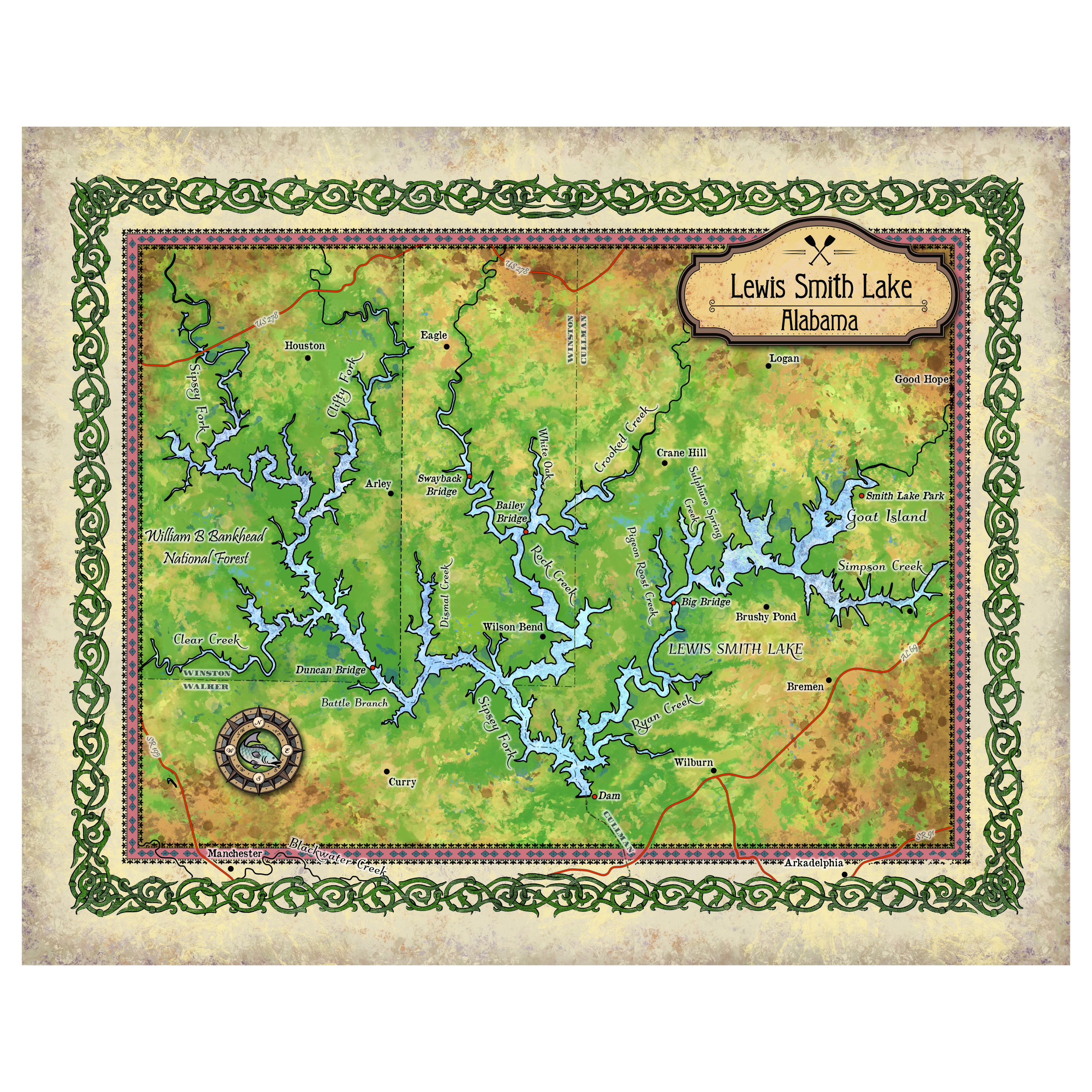 Póster con impresión de arte de mapa de Lewis Smith Lake Alabama de colección decoración y regalo de pared para el hogar - Imagen 34 de 57