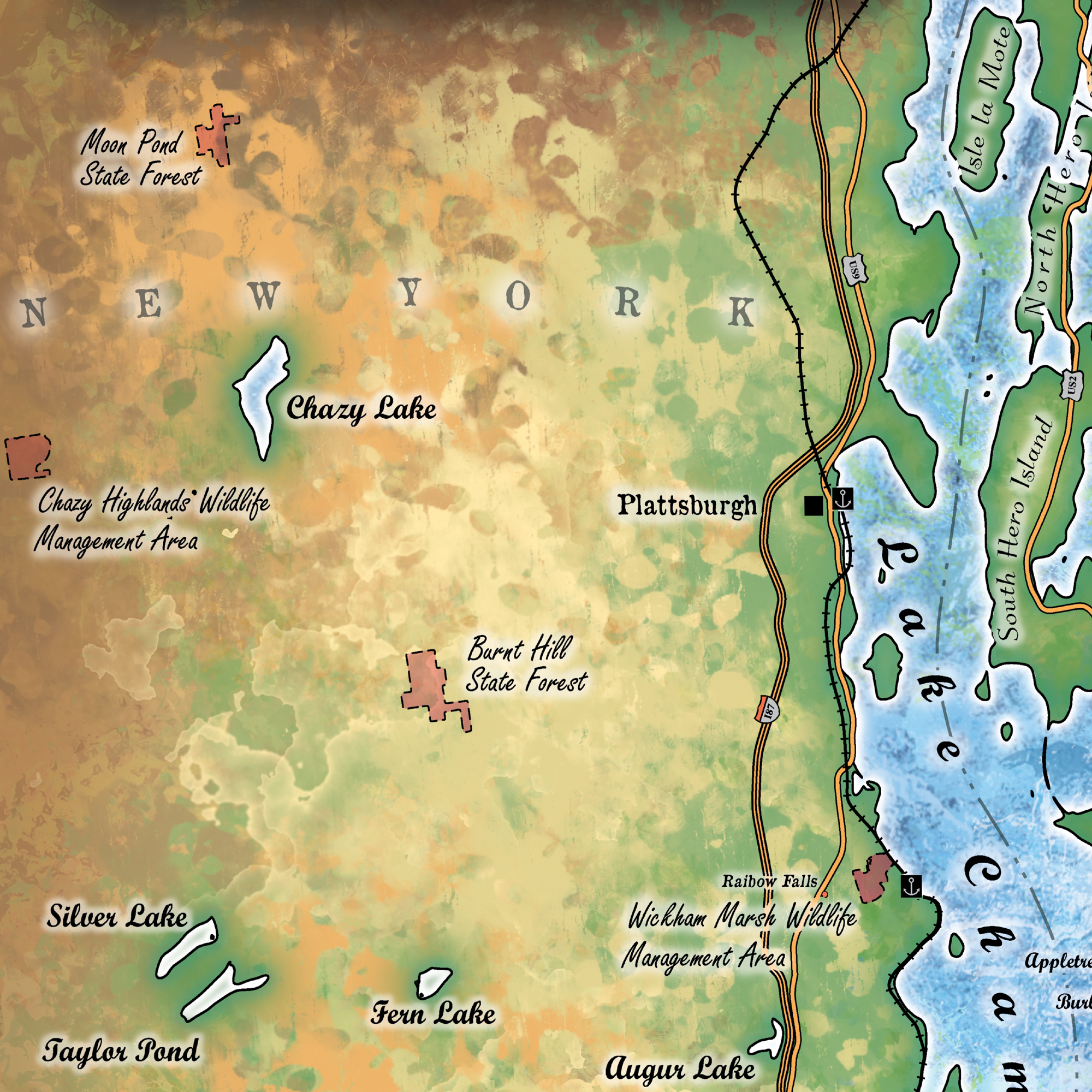 Póster vintage de pared decoración del hogar de Lake Champlain Vermont Nueva York mapa arte - Imagen 17 de 63