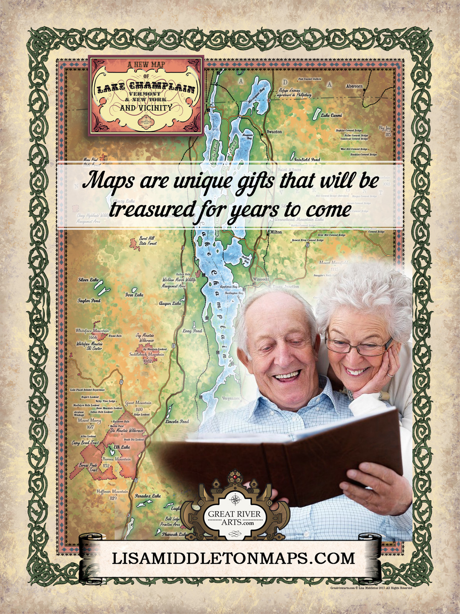 Póster vintage de pared decoración del hogar de Lake Champlain Vermont Nueva York mapa arte - Imagen 21 de 63