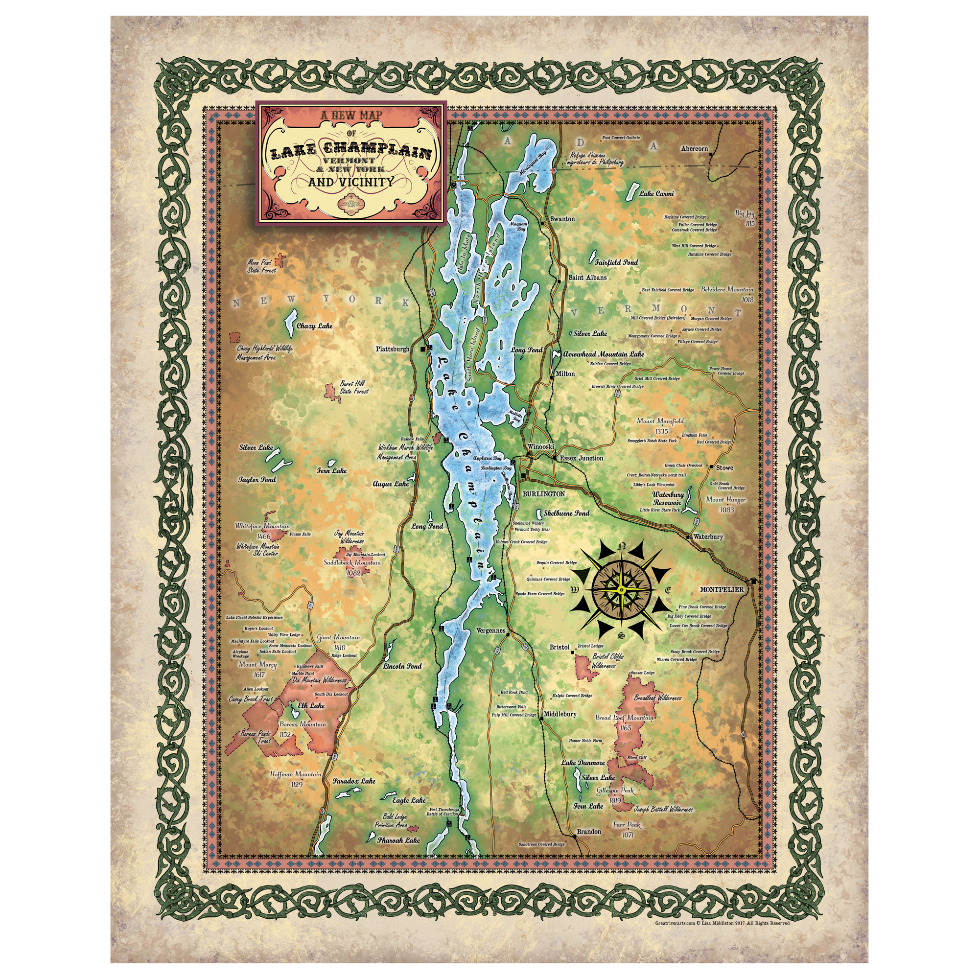 Póster vintage de pared decoración del hogar de Lake Champlain Vermont Nueva York mapa arte - Imagen 28 de 63