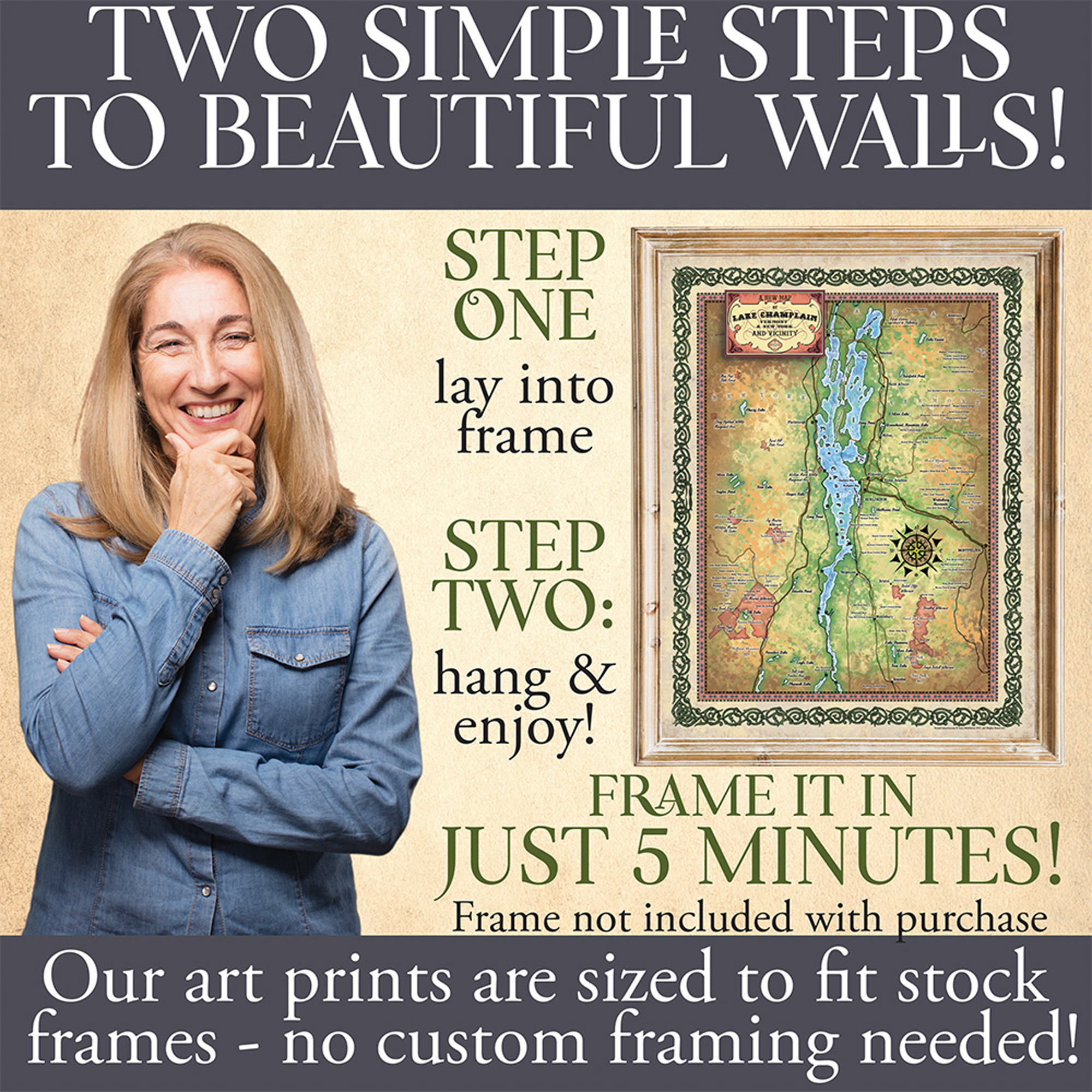 Póster vintage de pared decoración del hogar de Lake Champlain Vermont Nueva York mapa arte - Imagen 29 de 63