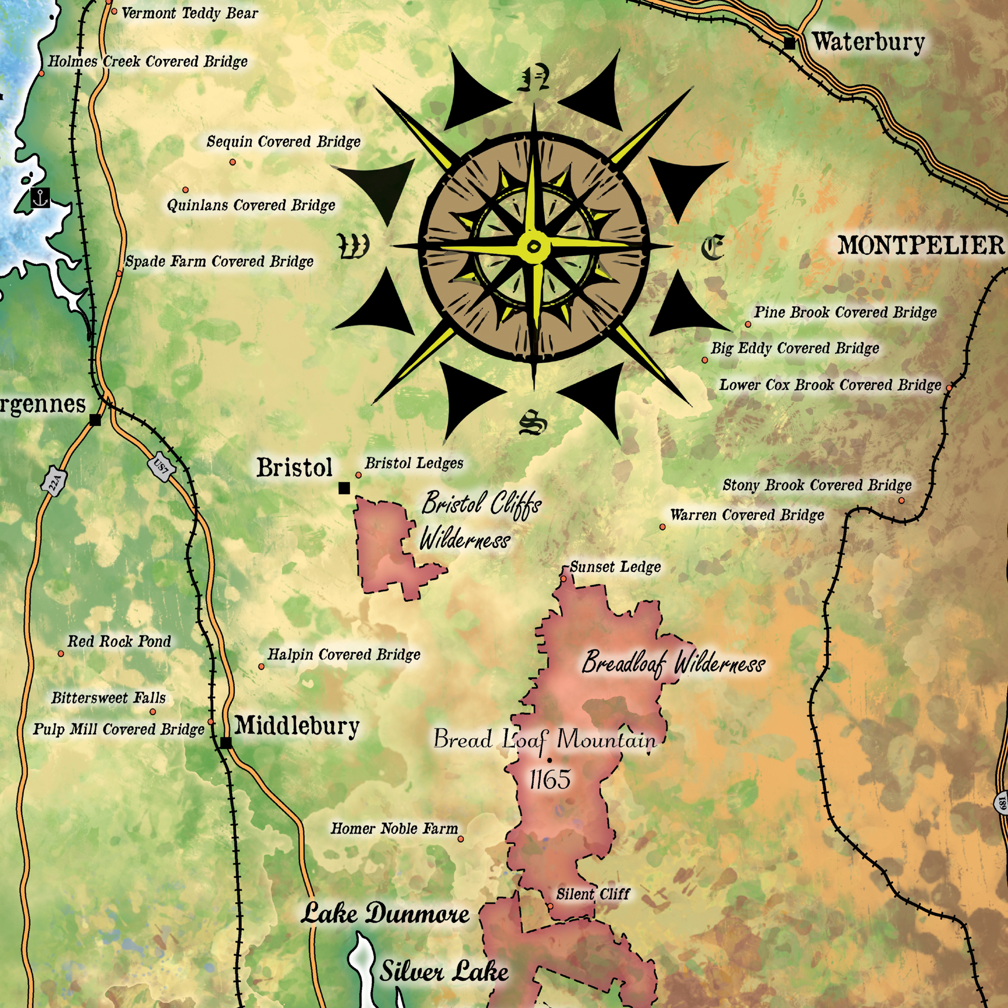 Póster vintage de pared decoración del hogar de Lake Champlain Vermont Nueva York mapa arte - Imagen 52 de 63