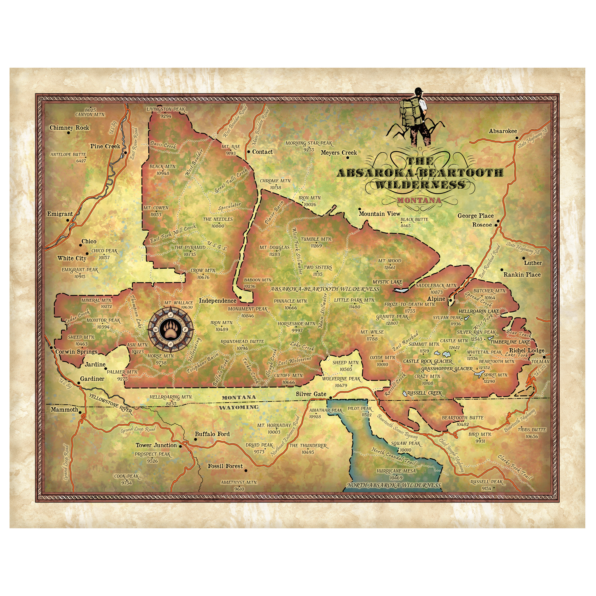 Asaroka & Beartooth Wilderness Montana Mapa Arte Impresión Póster Pared Hogar Decoración Regalo - Imagen 28 de 63