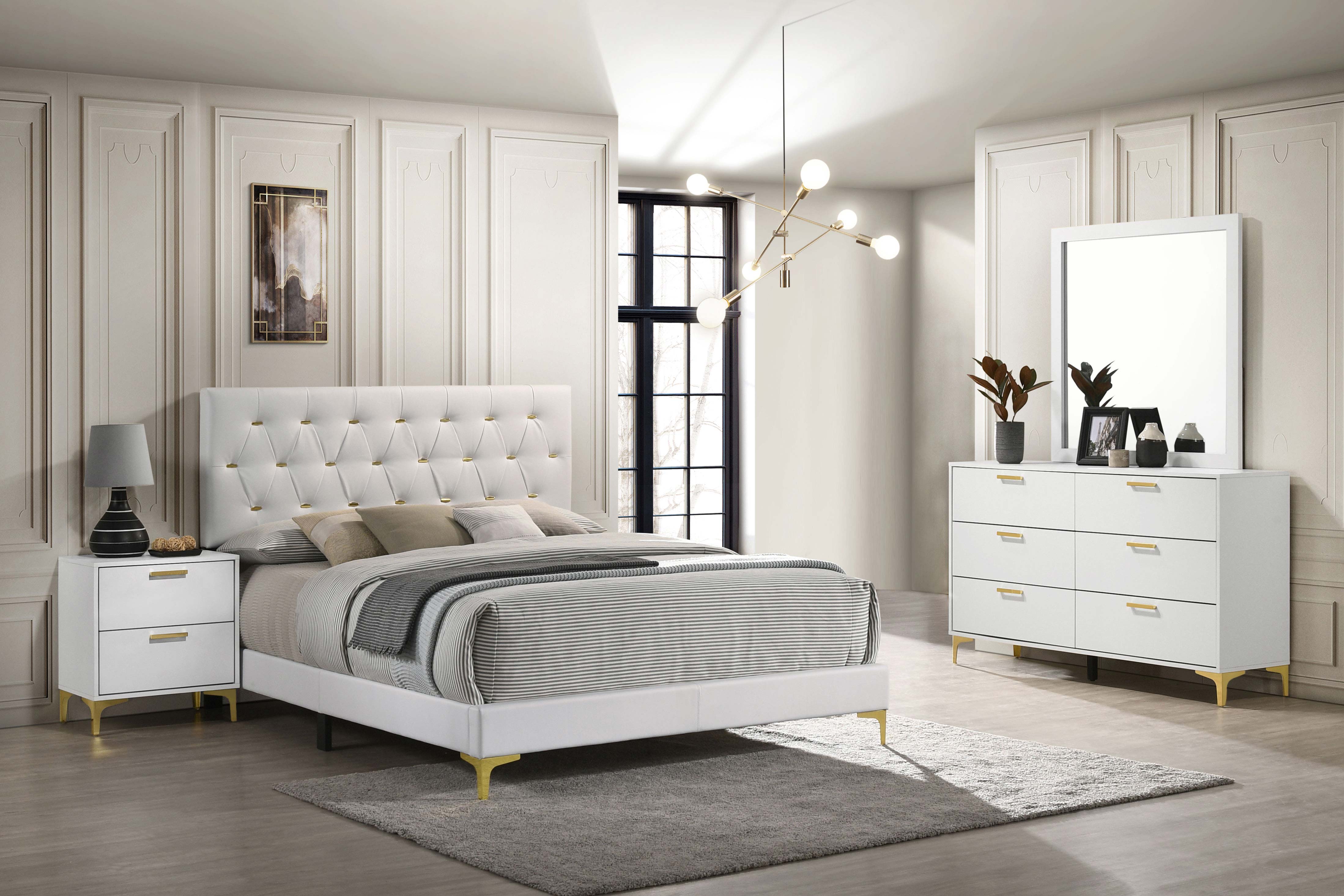 Kendall Modern Glam 4 PC Queen King Upholstered Panel Bedroom Set in White - Picture 12 of 23