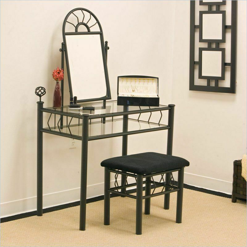 2-Piece Sunburst Metal Vanity Set With Glass Top Black | eBay