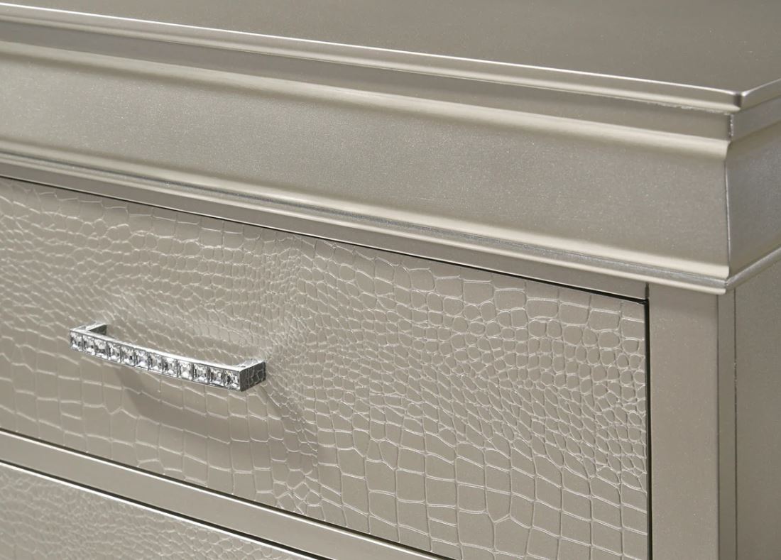 5 PC Amalia King Queen Full Twin Champagne Silver Upholstered Panel Bedroom Set - Picture 19 of 19