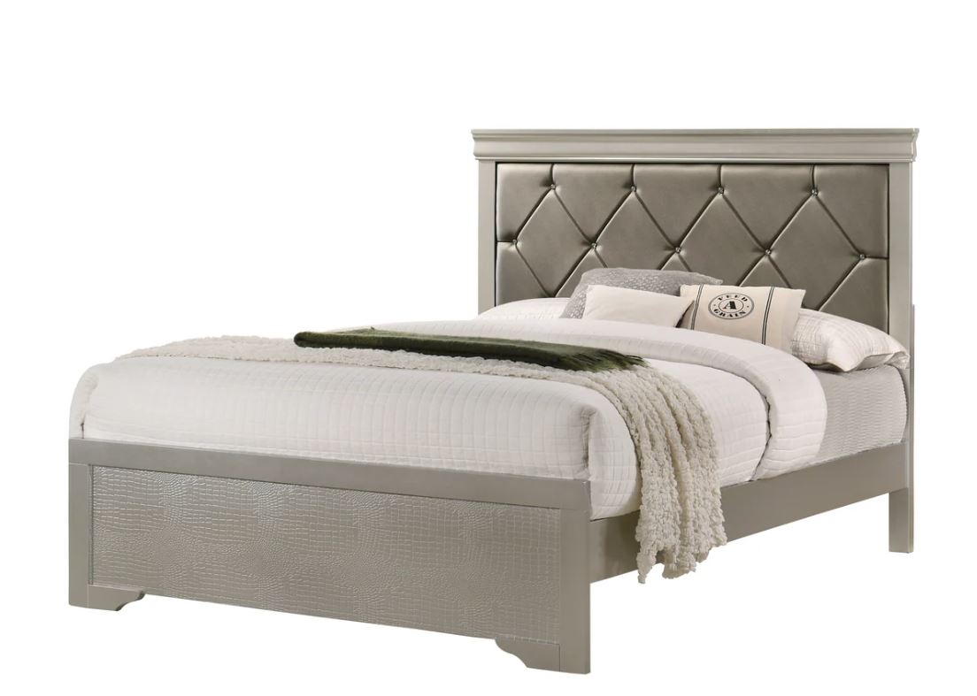 5 PC Amalia King Queen Full Twin Champagne Silver Upholstered Panel Bedroom Set - Picture 12 of 19