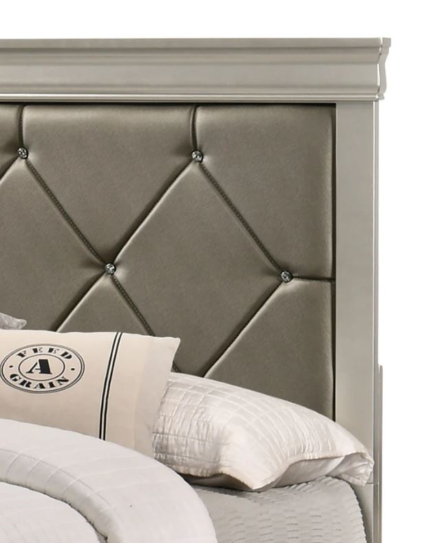 5 PC Amalia King Queen Full Twin Champagne Silver Upholstered Panel Bedroom Set - Picture 14 of 19