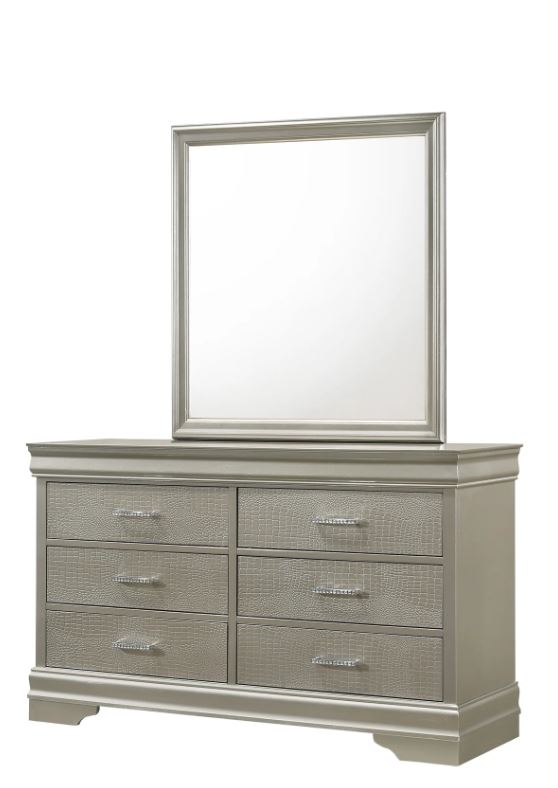5 PC Amalia King Queen Full Twin Champagne Silver Upholstered Panel Bedroom Set - Picture 17 of 19