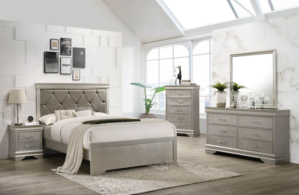5 PC Amalia King Queen Full Twin Champagne Silver Upholstered Panel Bedroom Set - Picture 11 of 19