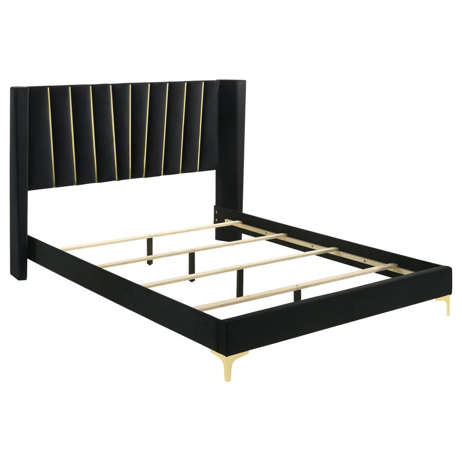 Contemporary Velvet Wing back Queen King Bedroom Set In Gold Black - Picture 14 of 36