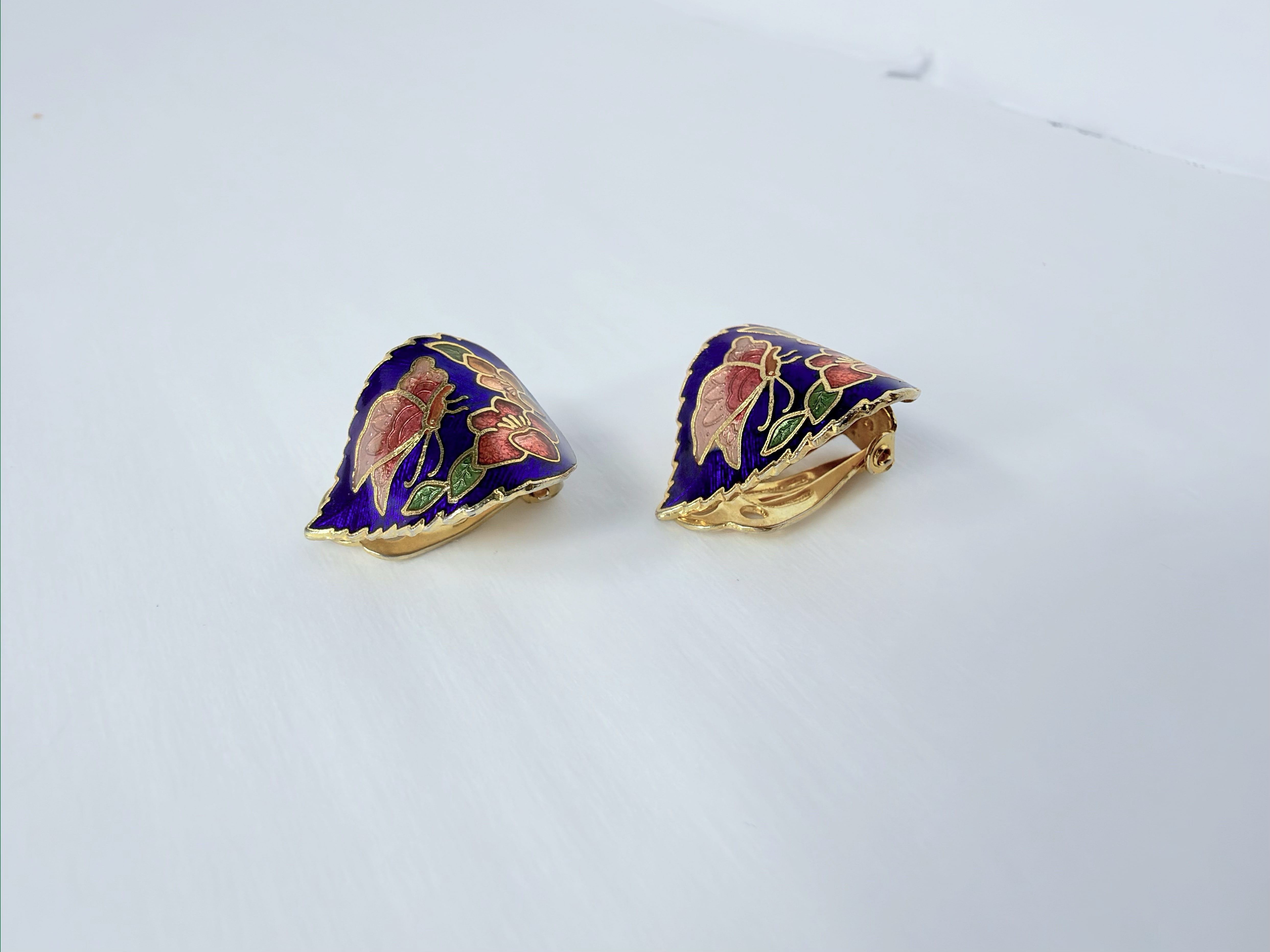 Vintage 80s Cobalt Blue Cloisonne Enamel Butterfly Leaf Clip On Earrings