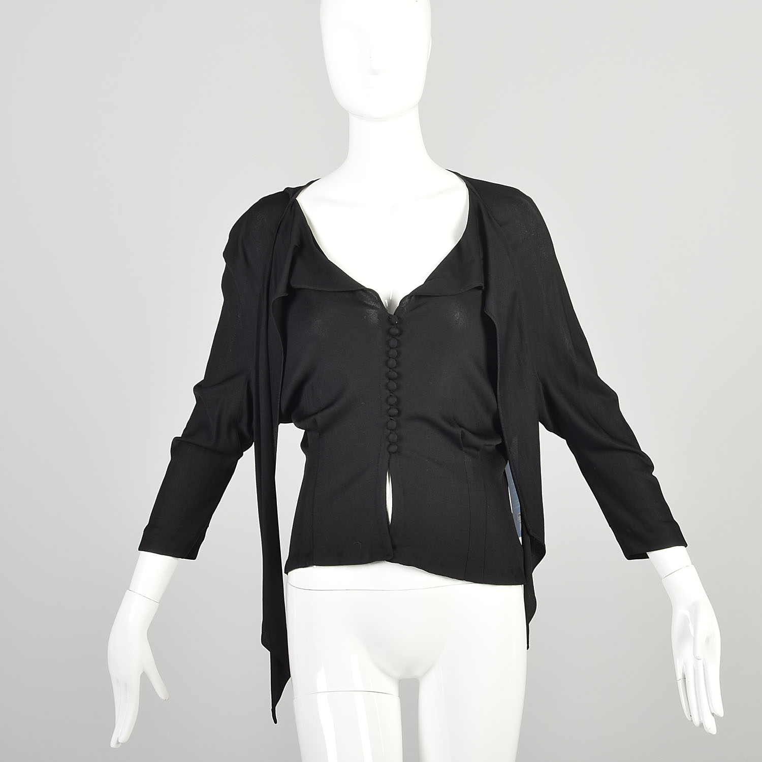 Medium 1950s Black Rayon Jersey Buttoned Top Shirt Attached Tie 