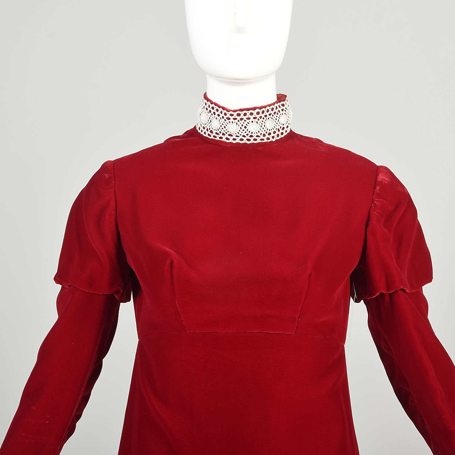 XS 1970s Red Velvet Dress Long Juliet Sleeve Empire Waist
