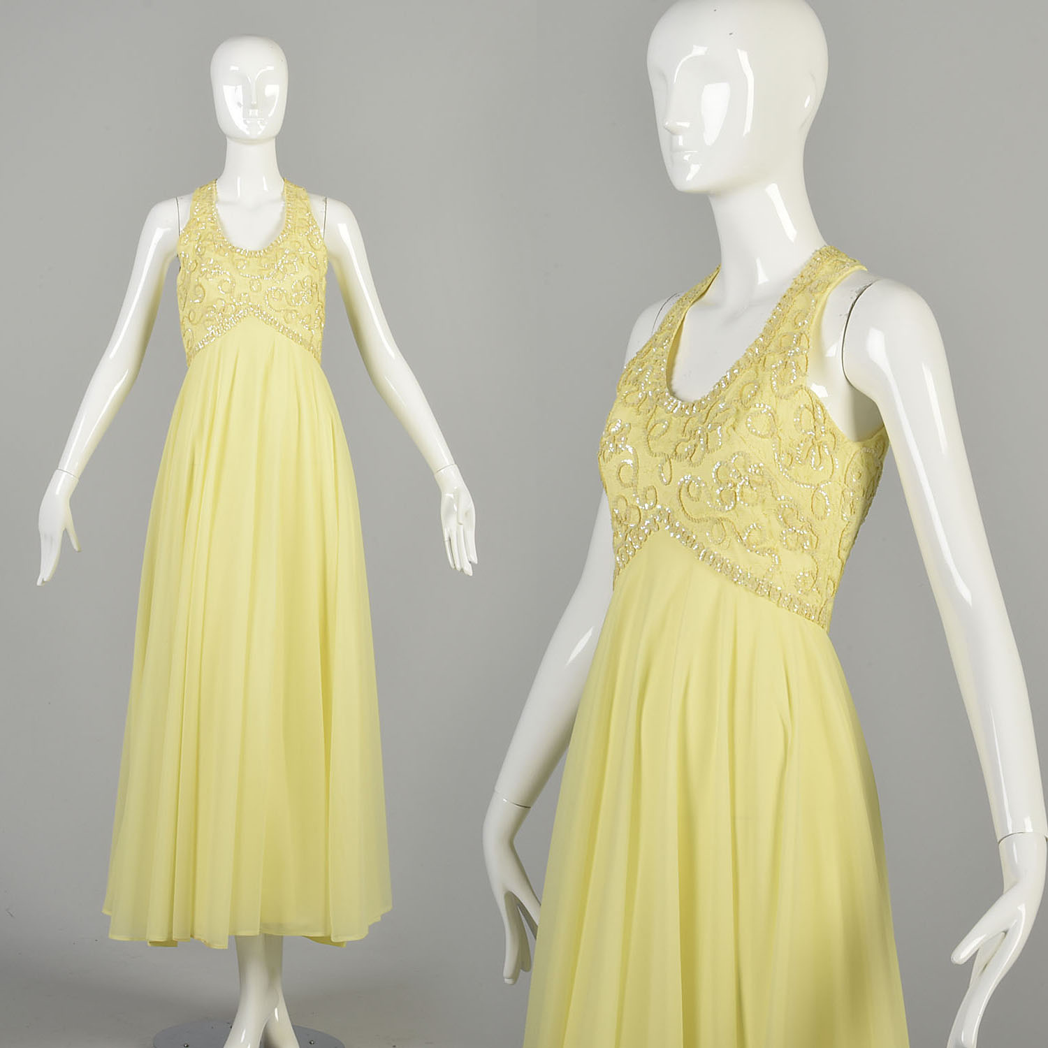 XS 1970s Yellow Gown Sequin Empire Waist Flowy Chiffon Maxi Formal Prom  Dress | eBay