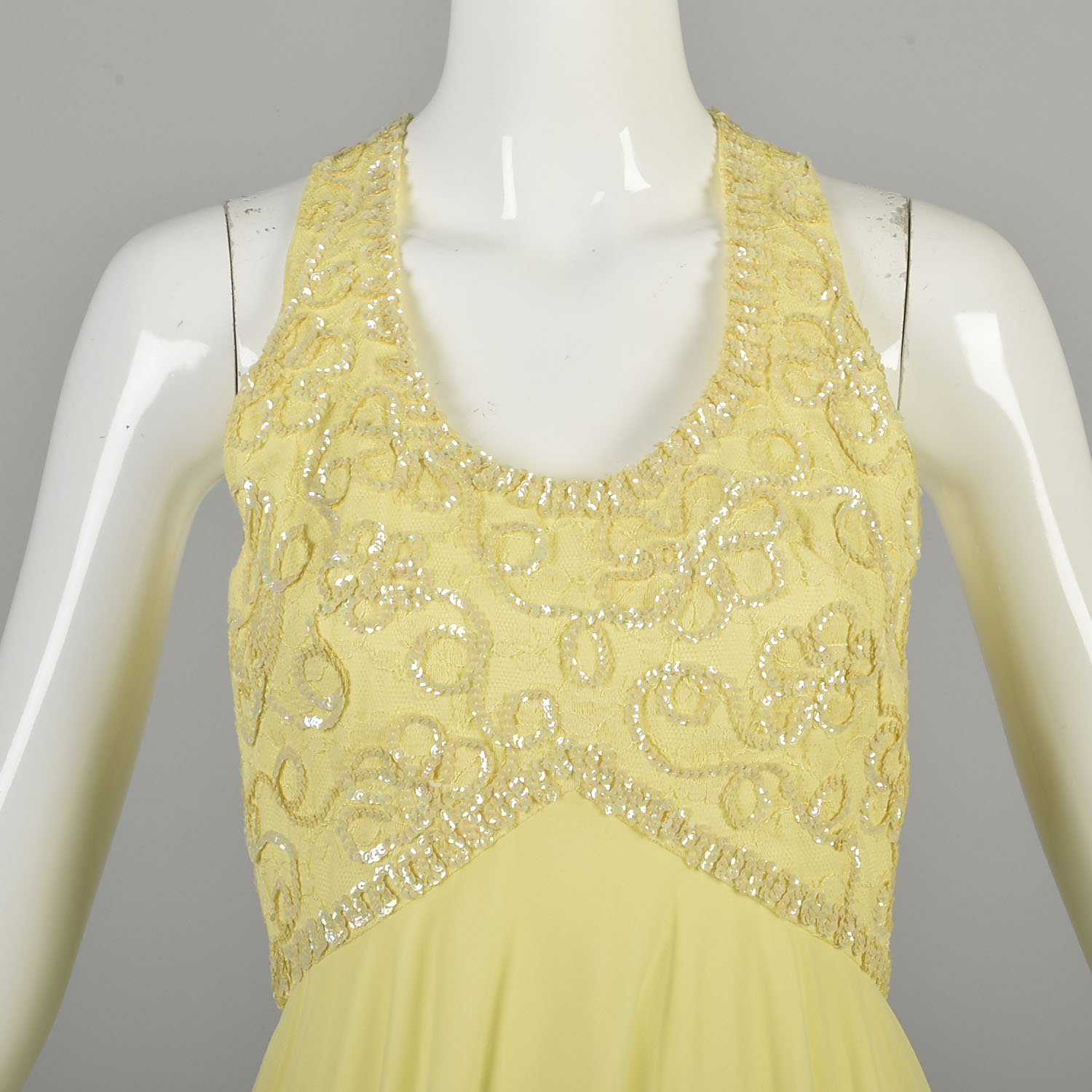 XS 1970s Yellow Gown Sequin Empire Waist Flowy Chiffon Maxi Formal Prom  Dress | eBay