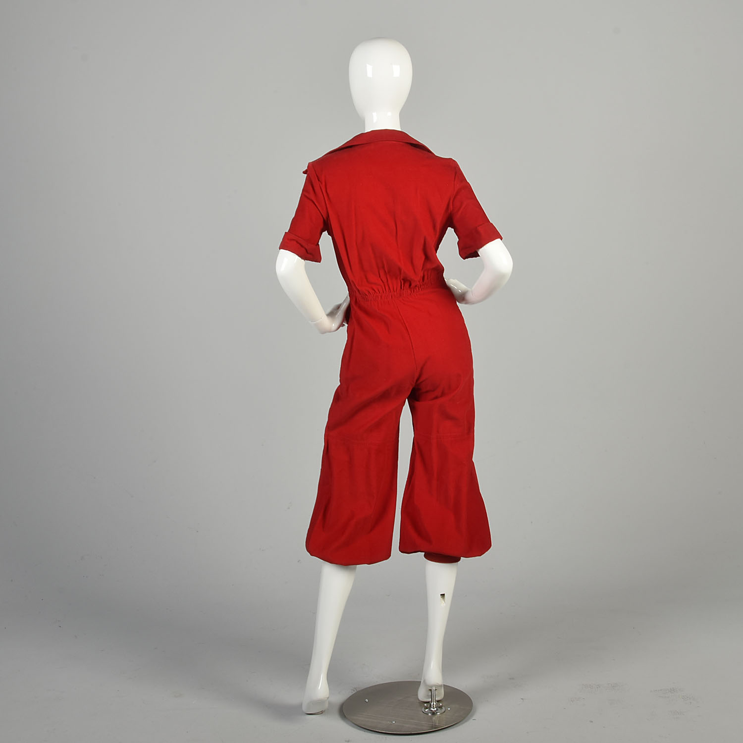 1970s Small Medium Red Corduroy Jumpsuit Button Up Cuffs Collared