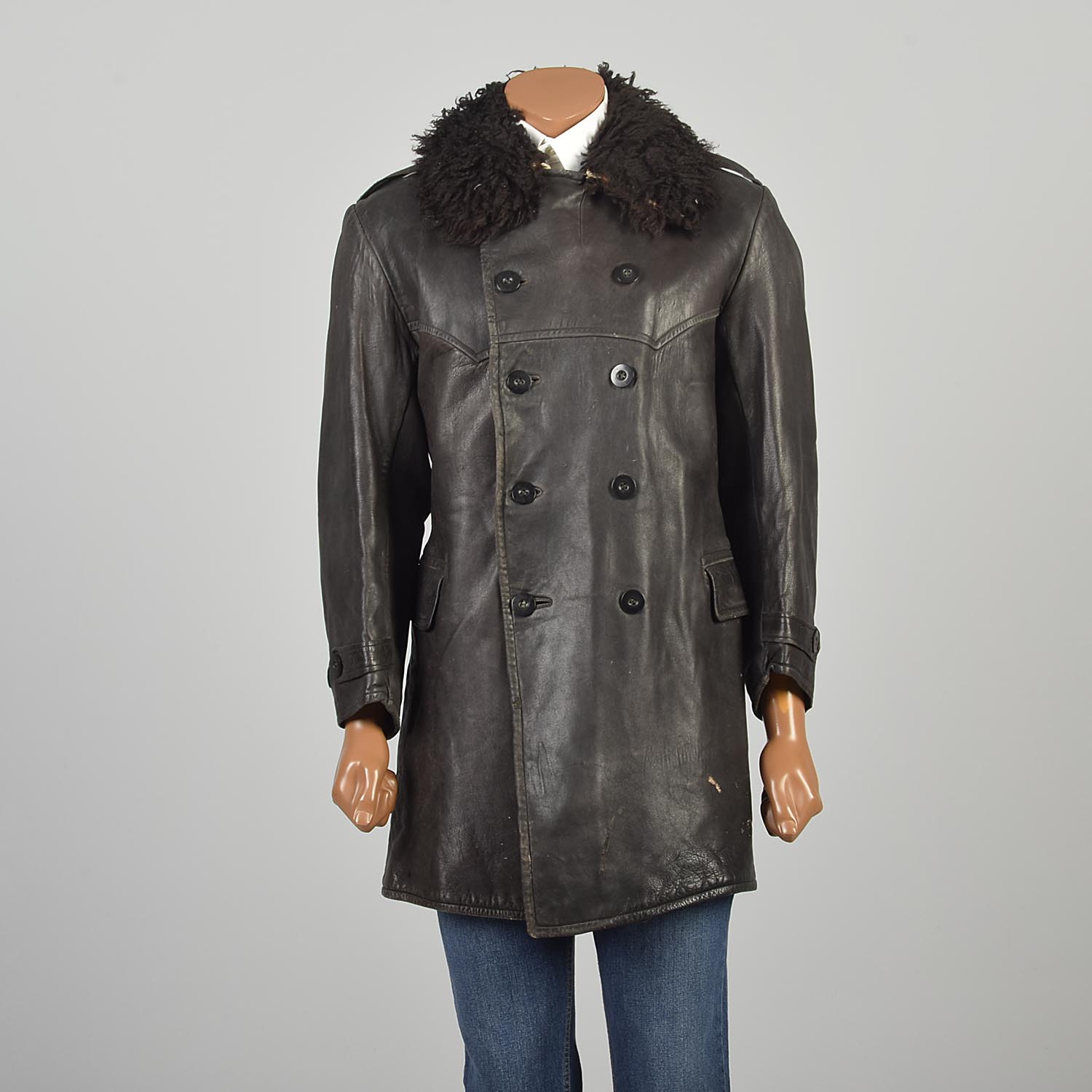 Medium 1940s Brown Leather Swedish Military Officers Coat