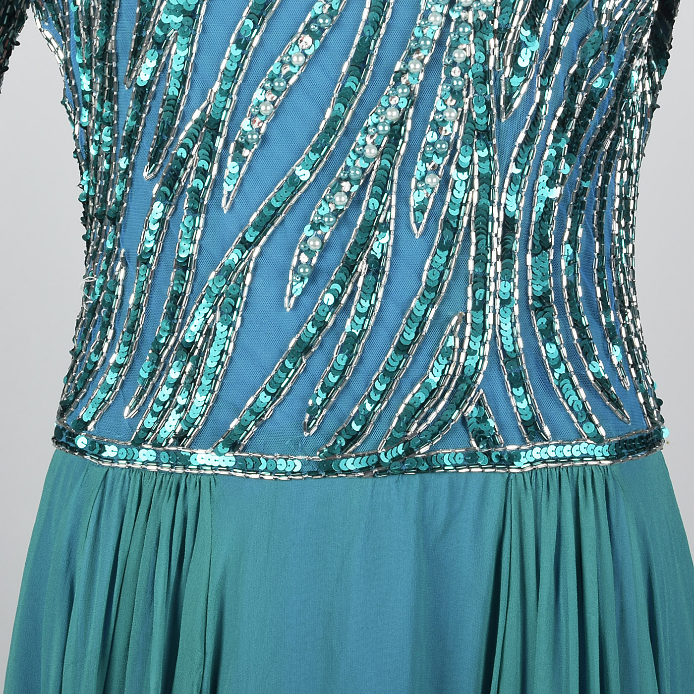 Bob Mackie Evening Gown Formal Dress Flowy Teal Silk Chiffon Beaded Sequin  | eBay