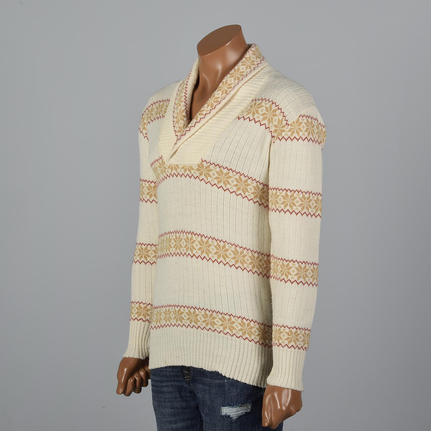 M Vintage 1970s 70s Mens Pullover Alpine Sweater Off White Hippie Boho